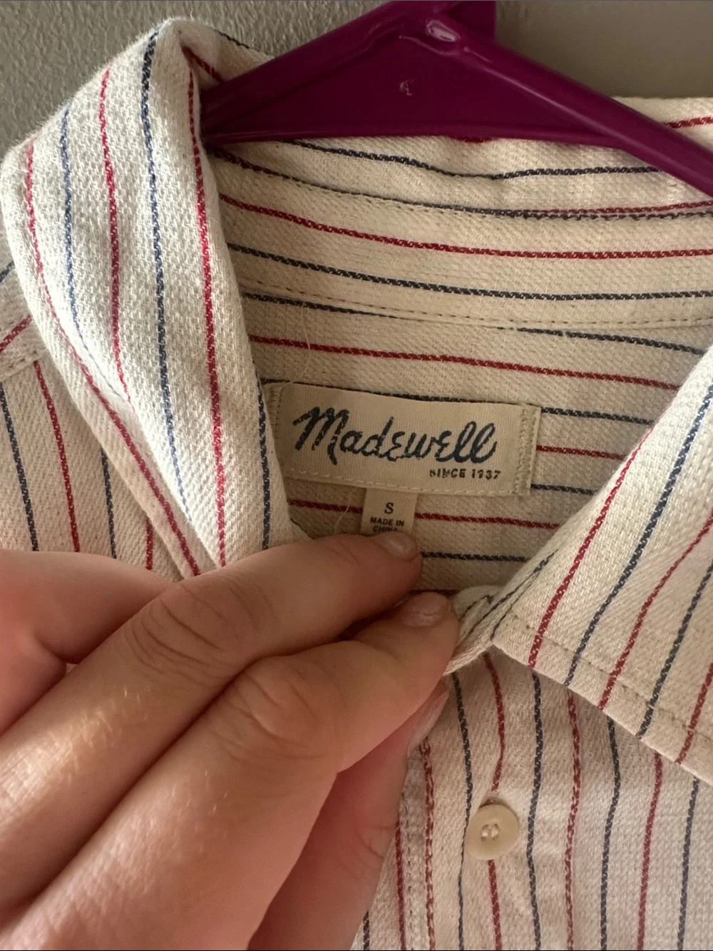 Madewell White Button-Front Shirt with Red & Navy Stripes